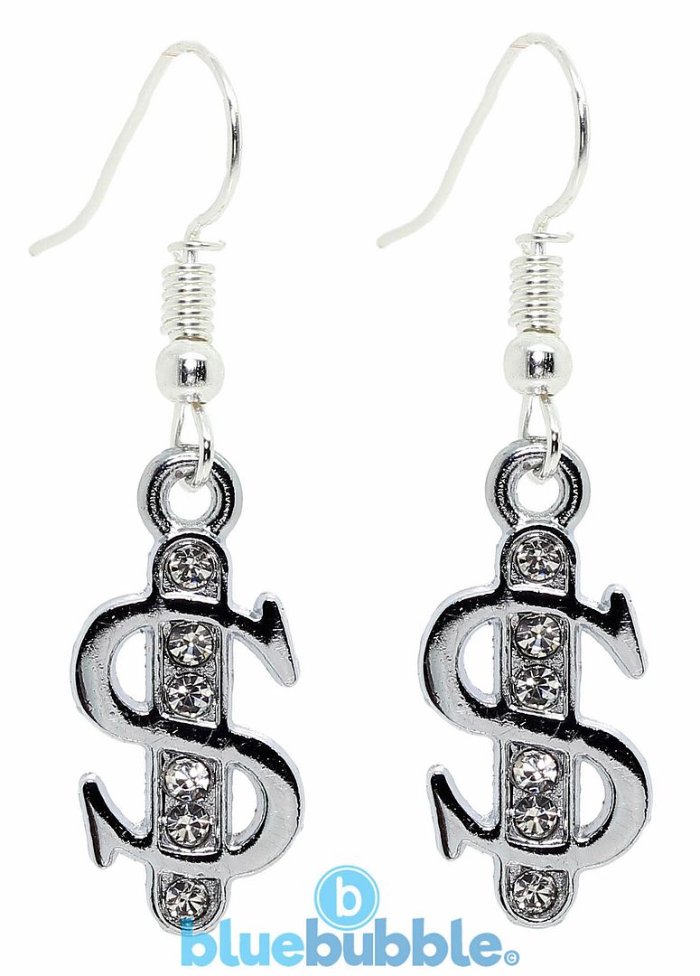 Bluebubble LUCKY DOLLAR Diamante Drop Earrings Bling Funky Fancy Dress